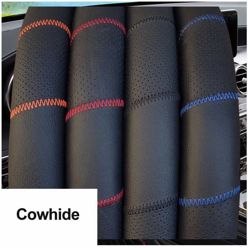 Cow Leather Car Steering Wheel Cover For 37 - 38 CM 14.5"-15" M Size Braid On Auto Steering-Wheel Protector Without Inner Ring images - 6