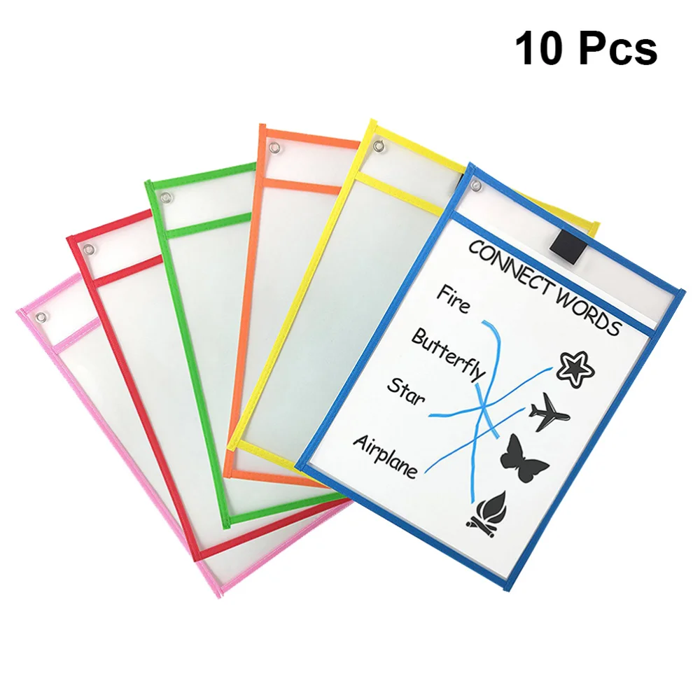

10Pcs Children Dry Erase File Pockets Assorted Colors Document Pouches Stationery Supplies for Office School