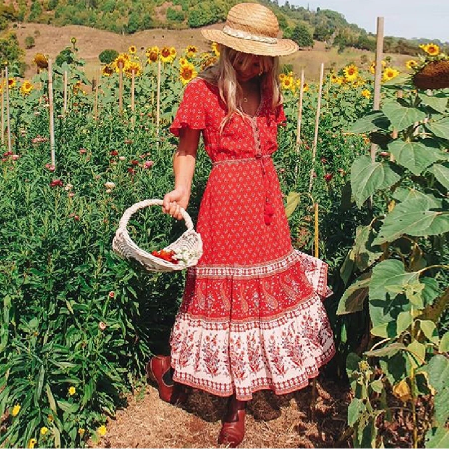 Женское платье миди с цветочным принтом TEELYNN длинное сексуальное богемное v