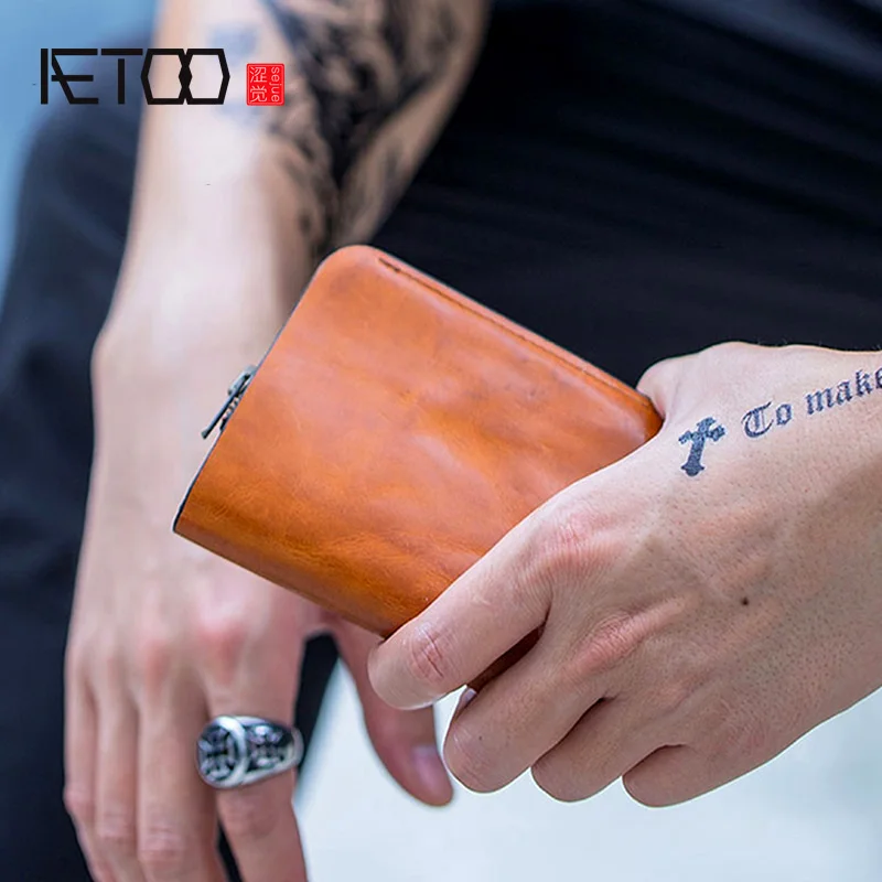 Винтажный маленький кошелек AETOO мужской вертикальный zero кожаный короткий