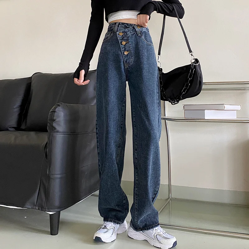 

Женские джинсы с завышенной талией, прямые свободные брюки-трубы с широкими штанинами, Новинка лета 2021, тонкие шикарные дизайнерские брюки