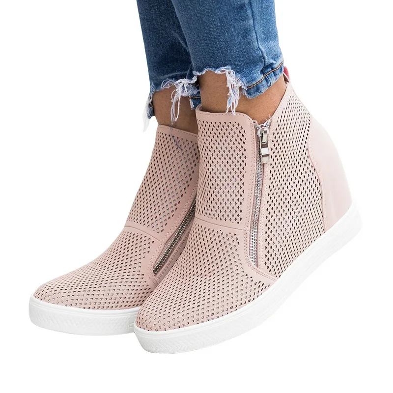 Pink Модные женские вулканизированные туфли; кожаная обувь на молнии; женская обувь на Плоском Каблуке с замком-молнией; повседневные Модные Ретро кроссовки размера плюс - Цвет: Pink