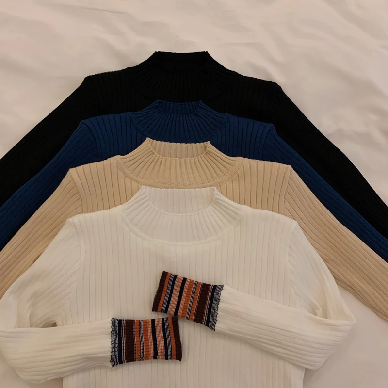 

Zoki Women's Half Turtleneck Plus Velvet Thick Sweater Striped Solid Color Slim Knit Long Sleeve Pullover