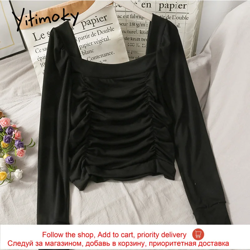 

Yitimoky Women Blouses Folds Puff Sleeve Shirts Spring 2021 Fashion New Long Sleeve Backless Clothing Square Collar Short Tops