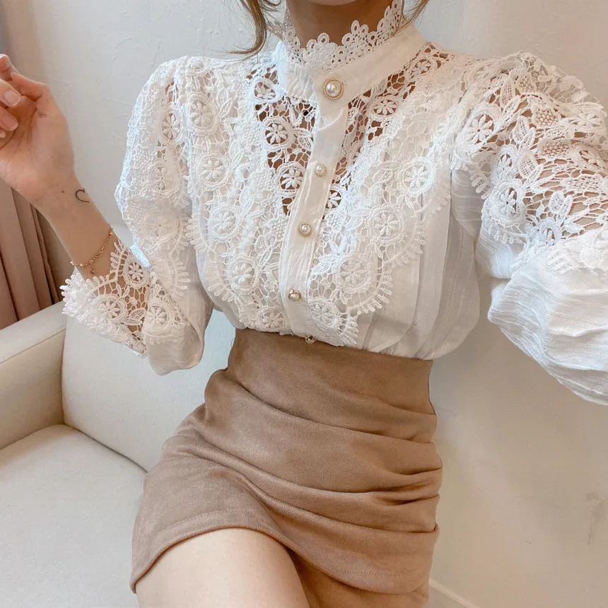

2021 Spring and Summer New Korean Women's Temperament Pure Color Lace Stand-up Collar Sexy Hollow Pearl Button Blouse Women