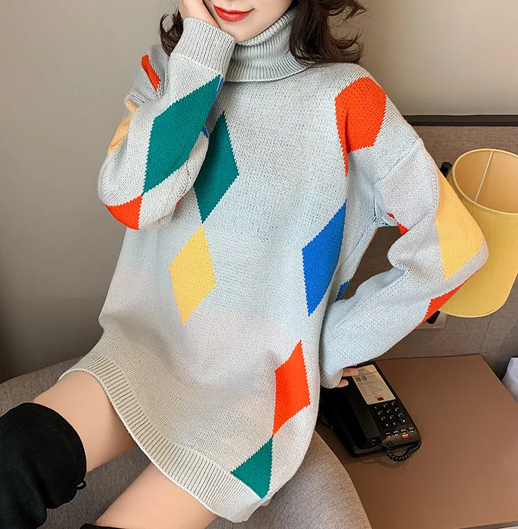 

2019 new Fashion knitted sweater turtleneck diamond mid-length casual long-sleeved sweater women loose sweater pullover sweater