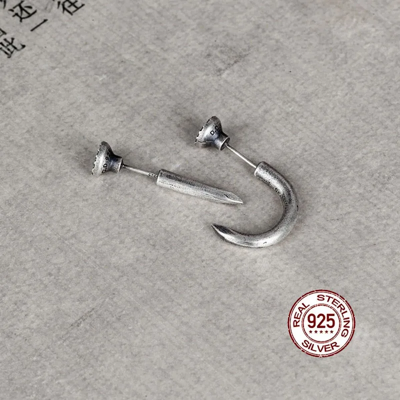 HelloLook Bent and Straight Nails Design Earring 925 Sterling Silver Stud Earrings Punk Unisex Ear Piercing Jewelry | Украшения и
