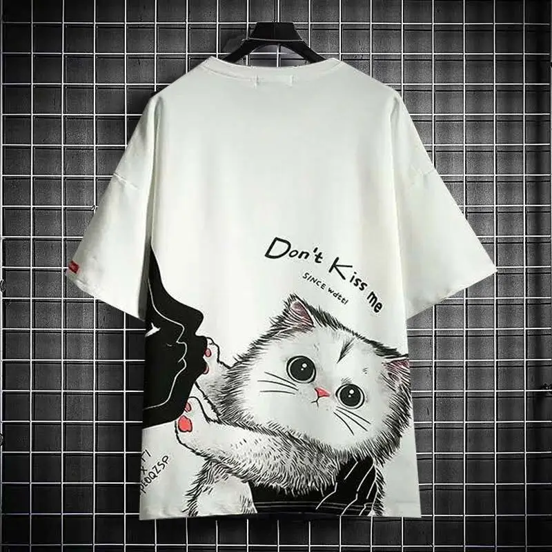 Футболка мужская с милым котом повседневная забавная рубашка в японском стиле
