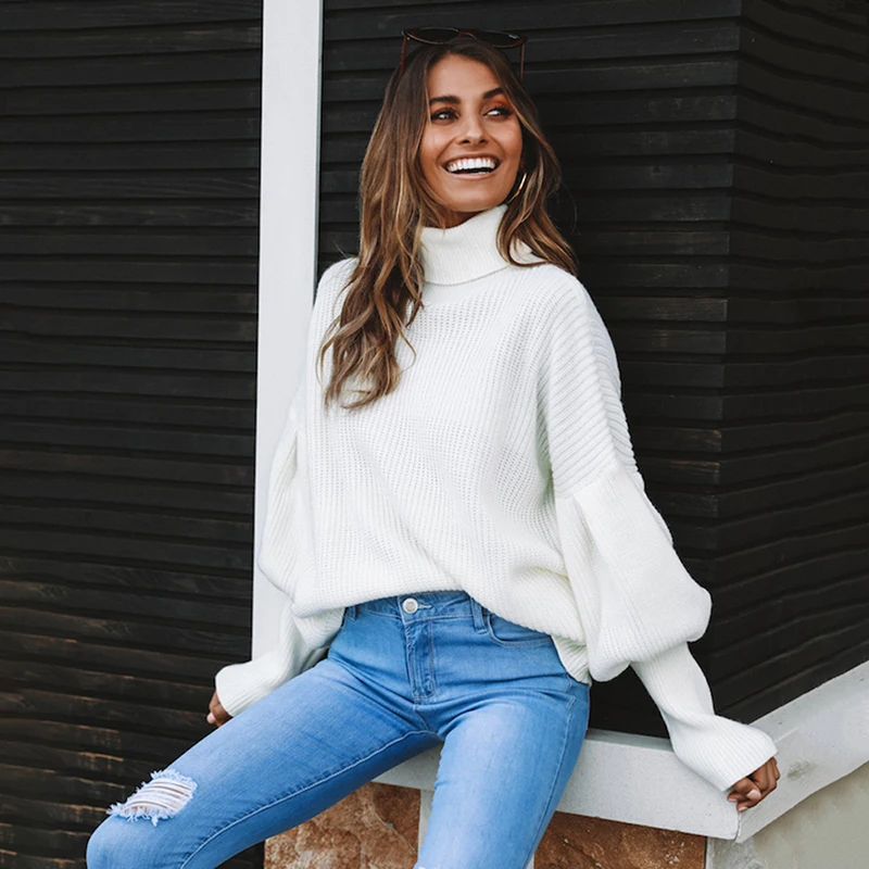 Женский вязаный свитер с высоким воротником GALCAUR белый теплый толстый длинными