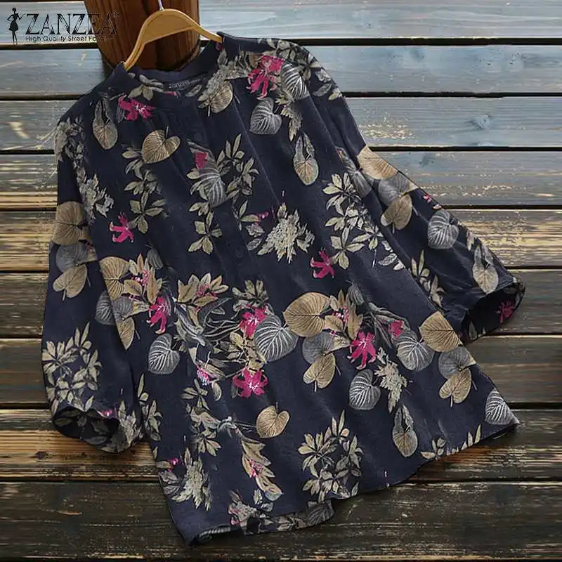 

2021 Vintage Women Printed Blouse Shirts ZANZEA Spring 3/4 Sleeve Tops Casual Ladies Loose Button Up Oversized Blusa Femininas