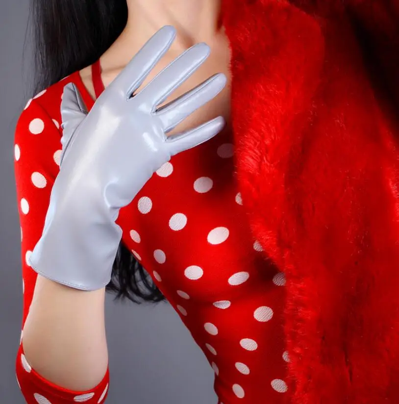 

Women's fashion sexy slim faux pu leather glove lady's club performance formal party leather short gray glove 28cm R2039