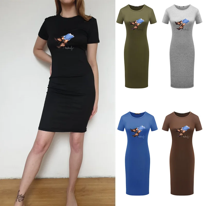 

Summer Party Pencil Dresses Women Fashion High Heels Print O-Neck Short Robe Bodycon Dress Sleeve Slim Round Collar Casual
