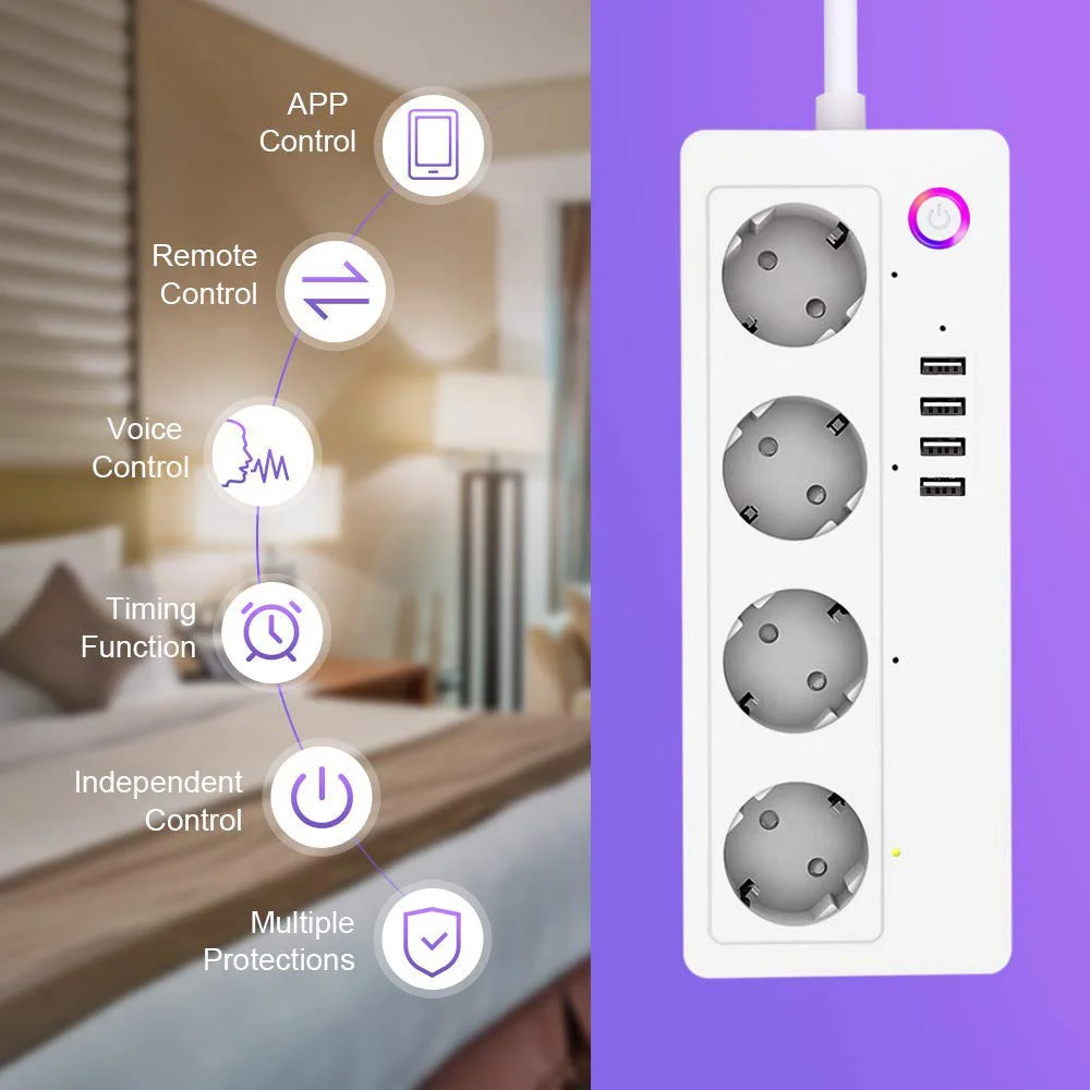 16А ЕС Wifi умная силовая полоса 4 способа 3.1A USB удлинитель розетка с вилка умный дом