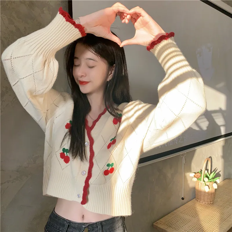 

Cherry Embroidered Cardigans Knit Wear Sweet Puff Sleeve Short Mujer Chaqueta Autum Winter V Neck Casual Knitted Sweaters Women
