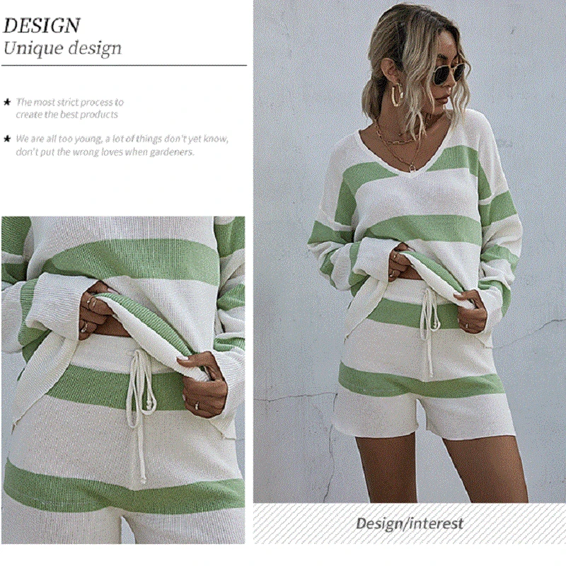 

ZOGAA Sweater Stes Women Spring New Striped Thin V-neck Long-sleeved Knitted Suit Two-piece Daily All-match Simple Chic Hot Sale