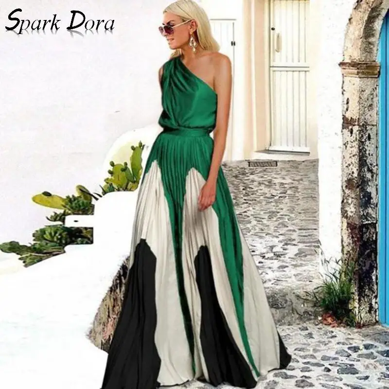 

Sexy Dress New Summer Fashion Outwear Contrast Stitching Off Shoulder Print Sleeveless Elegant Dress Color Matching Vestidos