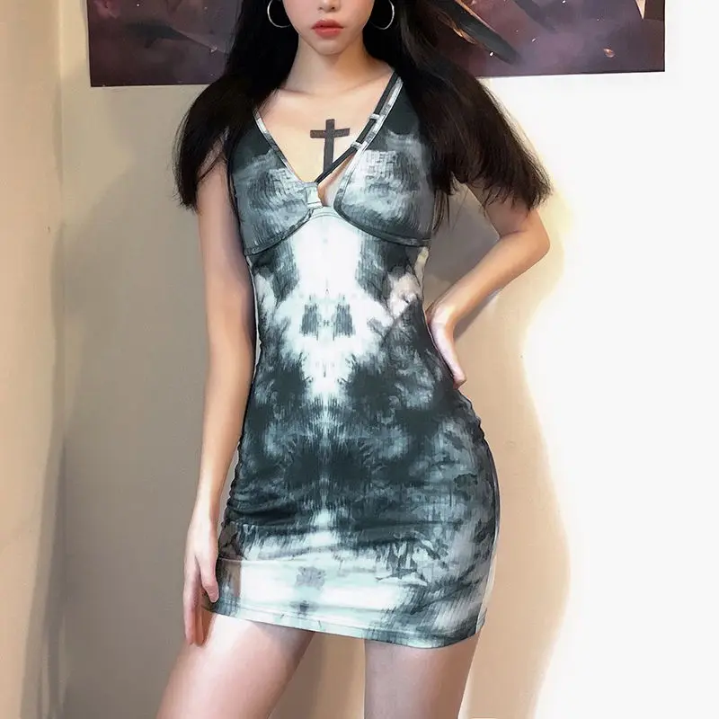 

European and American Tie-dye Carefully Dress Sexy Thin Hip Skirt V-neck Personalized Chiffon Sleeveless Skirt