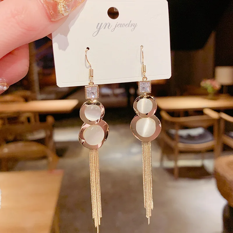 

Luxury 14K Real Gold Opal Calabash Tassels Long Section of High-end Tassels Stud Earrings for Women Cubic Zircon ZC Earrings
