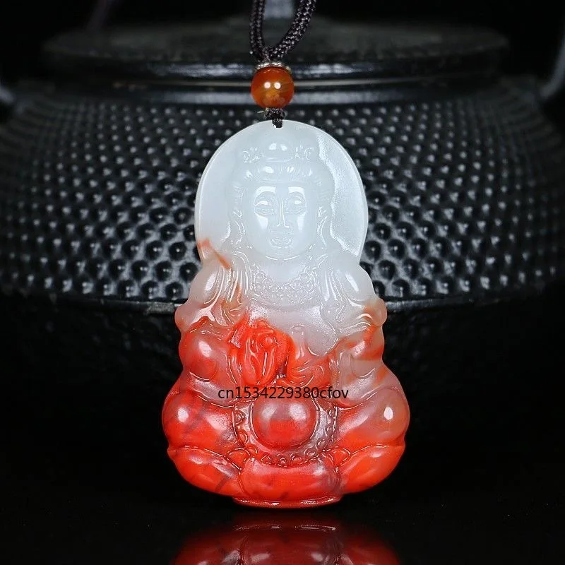 Фото Китайский красный белый нефрит Гуаньинь буддистский кулон ожерелье