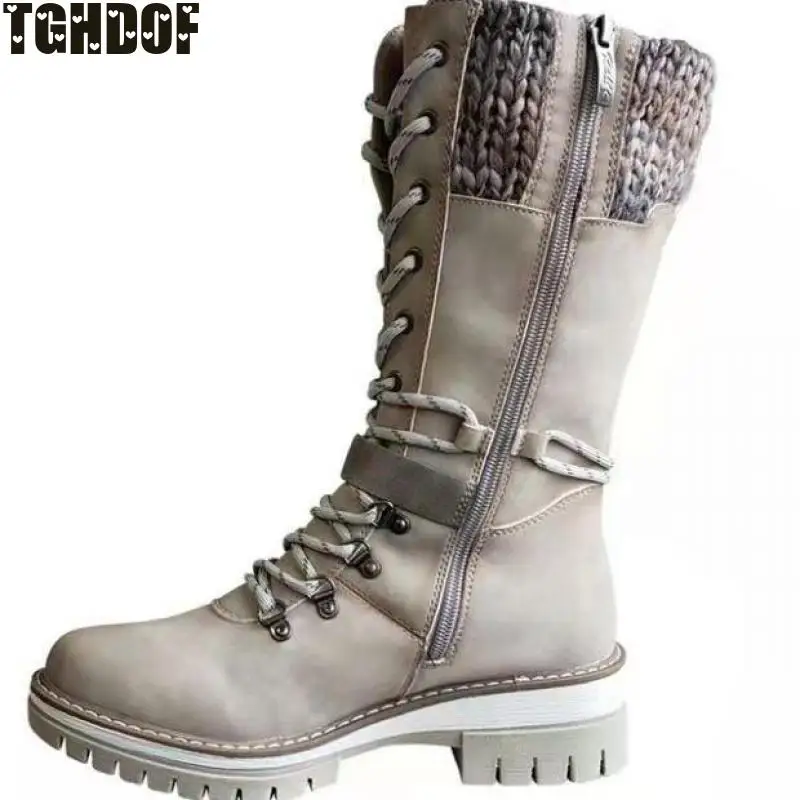 Women's Boots 2021 Winter New Fashion Woven Women's Boots In Tube Belt Buckle Decorative Side Zipper Rubber Sole Women's Shoes