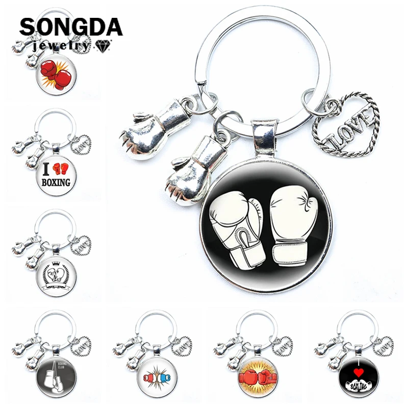 

Gym Sports Boxing Glove Keychain Fun Cartoon Cabochon Glass Metal Pendant Keyring Men Women Statement Jewelry Gifts For Friends