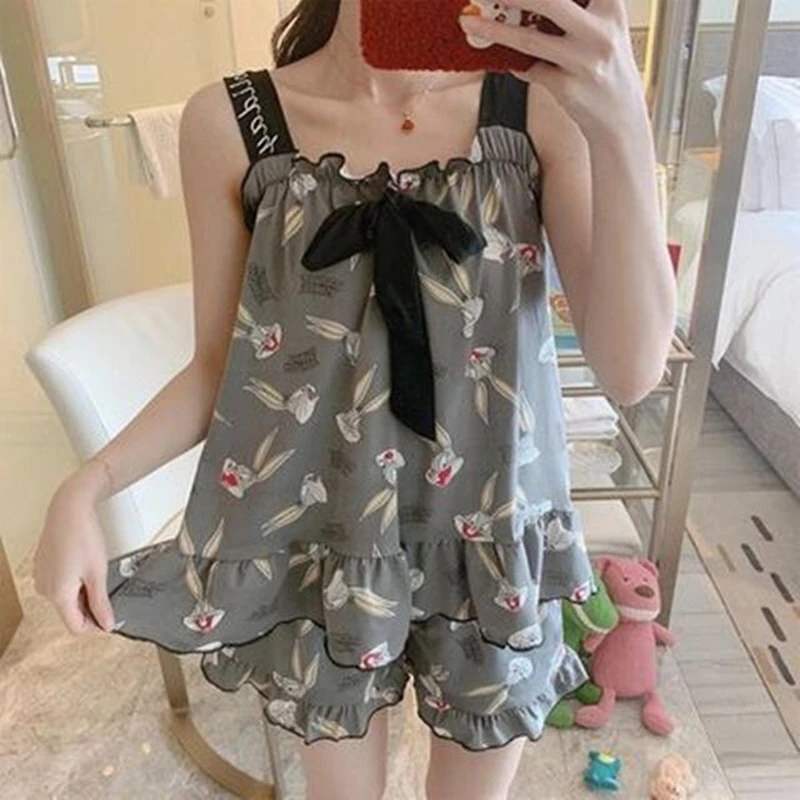 

Summer New Women Sleepwear Cute Cartoon Sling Pajamas Set Comfortable Thin Girls Lace Ruffle Short-sleeved Shorts Lingerie Set