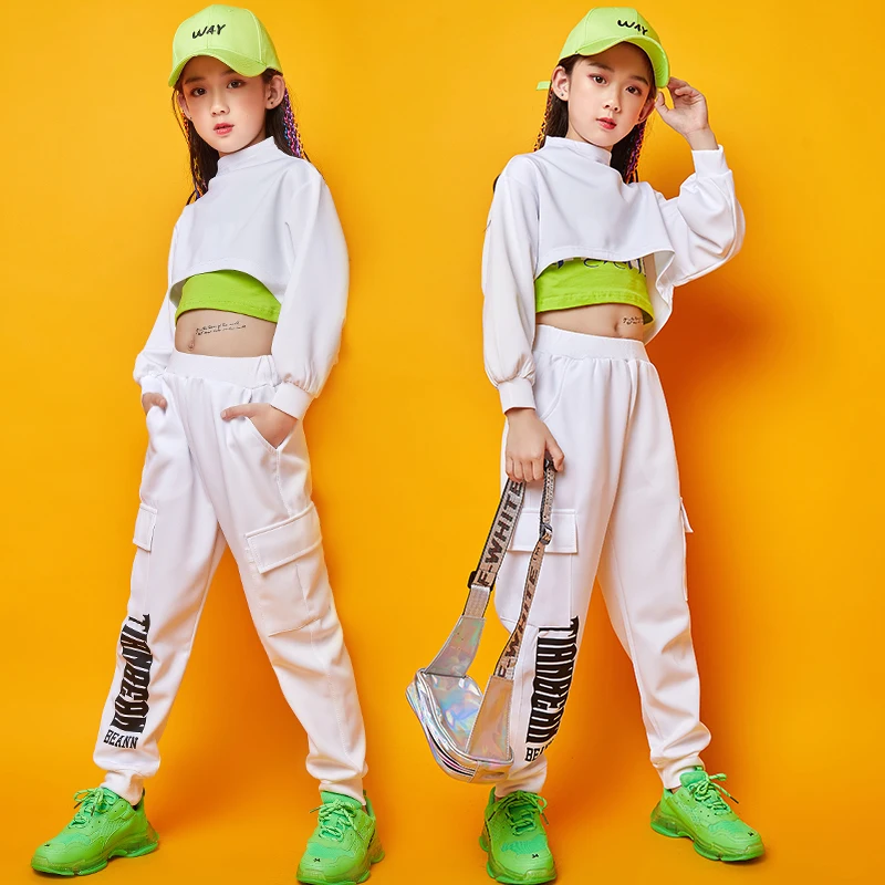 

Fashion Hip Hop Dance Costumes For Girls White Street Dance Performance Clothing Jazz Rave Outfit Kids Practice Clothes DC2925