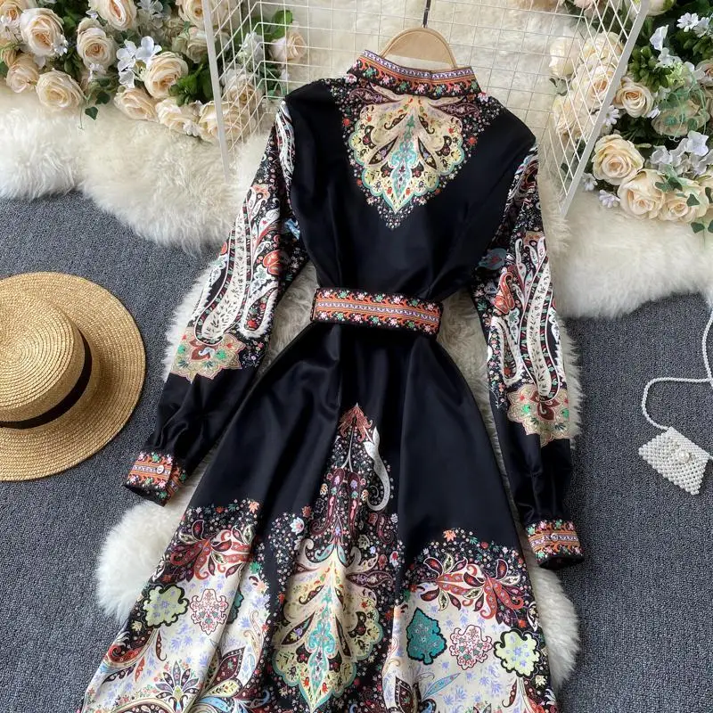 

2021 Spring Autumn Women Korean Chic Streetwear Retro Print Dress Long Sleeve Single Breasted A-line Dresses with Belt Y603