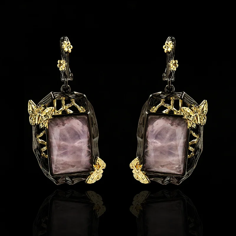 

High Quality Baroque Palace Retro Luxury Natural Gemstone Water Drop Female Earrings Temperament Sweet Beauty Butterfly Earrings