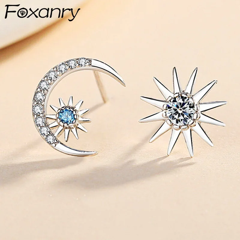 

Foxanry Silver Color Sparkling Moon Stars Zircon Stud Earrings for Women Trendy Elegant Wedding Party Jewelry Gifts