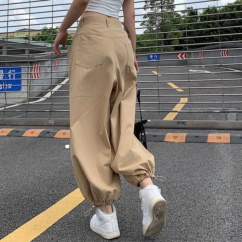 

Y2K Fashion Khaki Oversized Cargo Pants Hip Hop Style Loosed Adjustable Waist Drawstring Long Pant Streetwear 90s Autumn