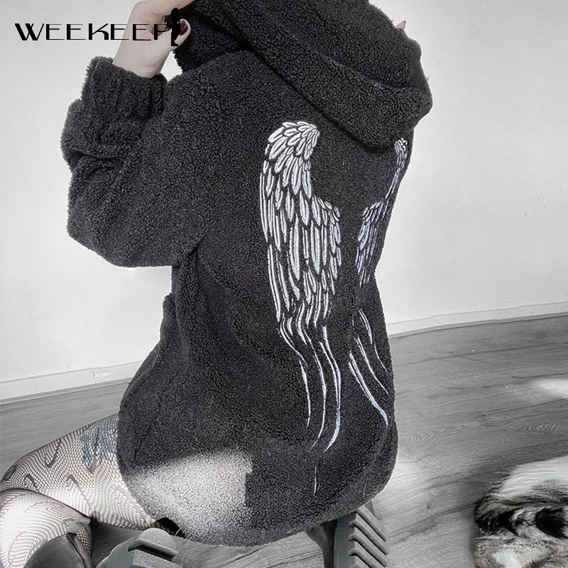 

Weekeek Gothic Black Teddy Jackets Women Fashion Wings Print Autumn Zip Up Loose Hoodies Dark Academia Aesthetic Overcoat Street