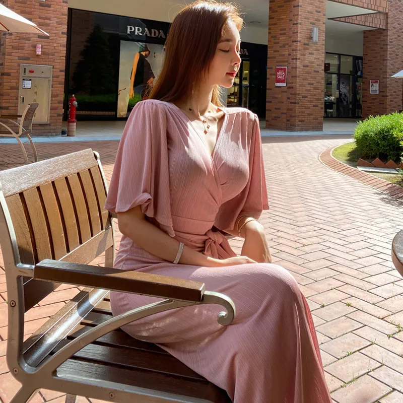 Женское летнее пляжное макси Повседневное платье с v-образным вырезом и разрезом