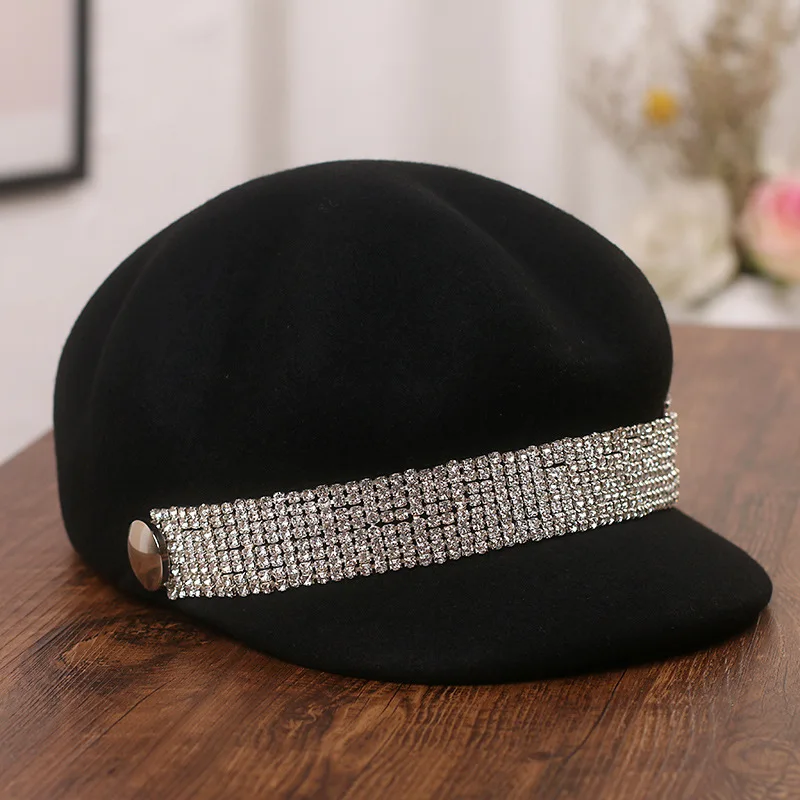 

Women's hats in autumn and winter: Rhinestone woolen cloth octagonal duck tongue hat British retro fashion Beret top hat