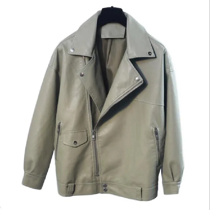 Women Leather Jacket Female Soft Faux Leather Coat Loose Rivet Zipper Overcoat