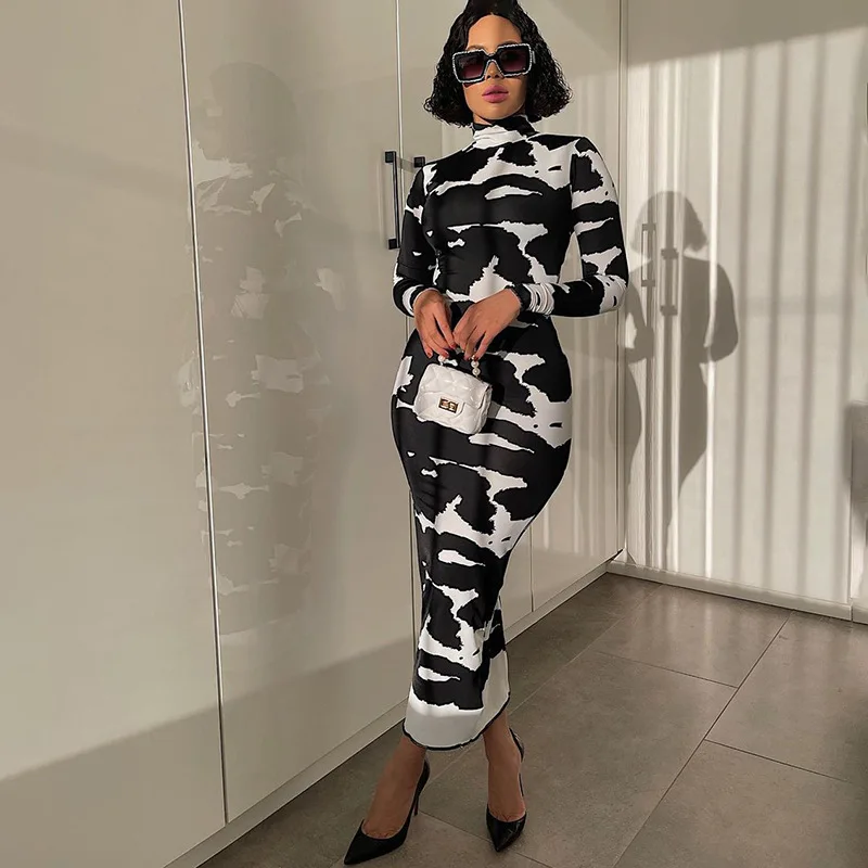 

2021 Autumn New Fashion Women Printed Turtleneck Long-sleeved Slim Maxi Dress Streetwear Party Outfits