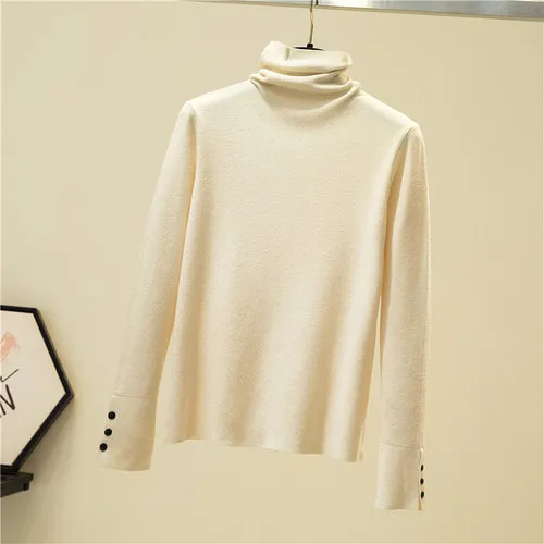 

Turtleneck Women Sweater Buttons Long Sleeve Korean Slim Basic Knitted Pullover 2020 Autumn Winter Pull Femme Cotton Polyester