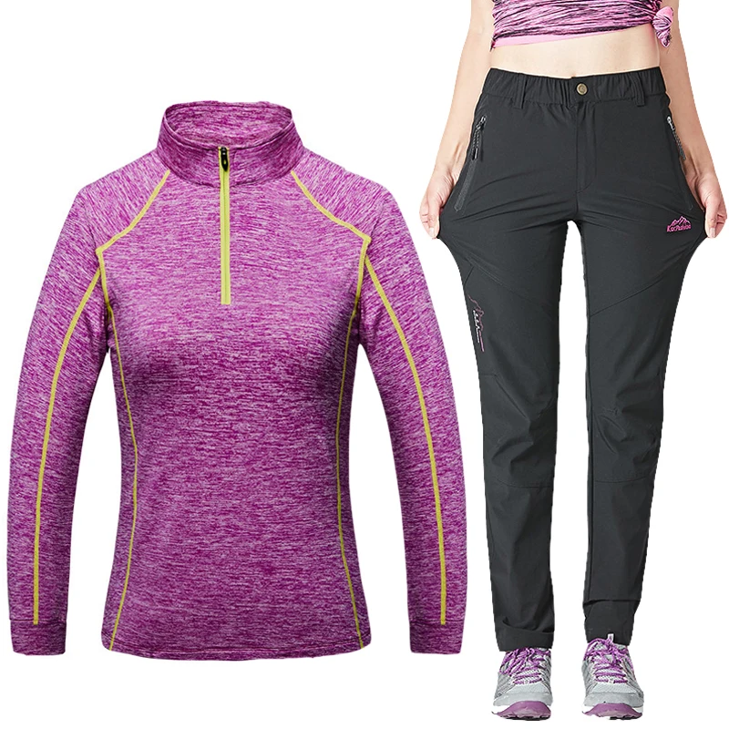 

Women Quick Dry Tshirt Set Summer Camping Climbing Trekking Hiking Pants Women Long Sleeve Compression Running tshirt Sportswear