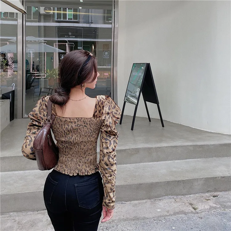 

Autumn Leopard Slim Crop Top Women's Clothing Square Collar Blouses Korean Fashion Clothes Ladies Shirts Blusas Mujer De Moda