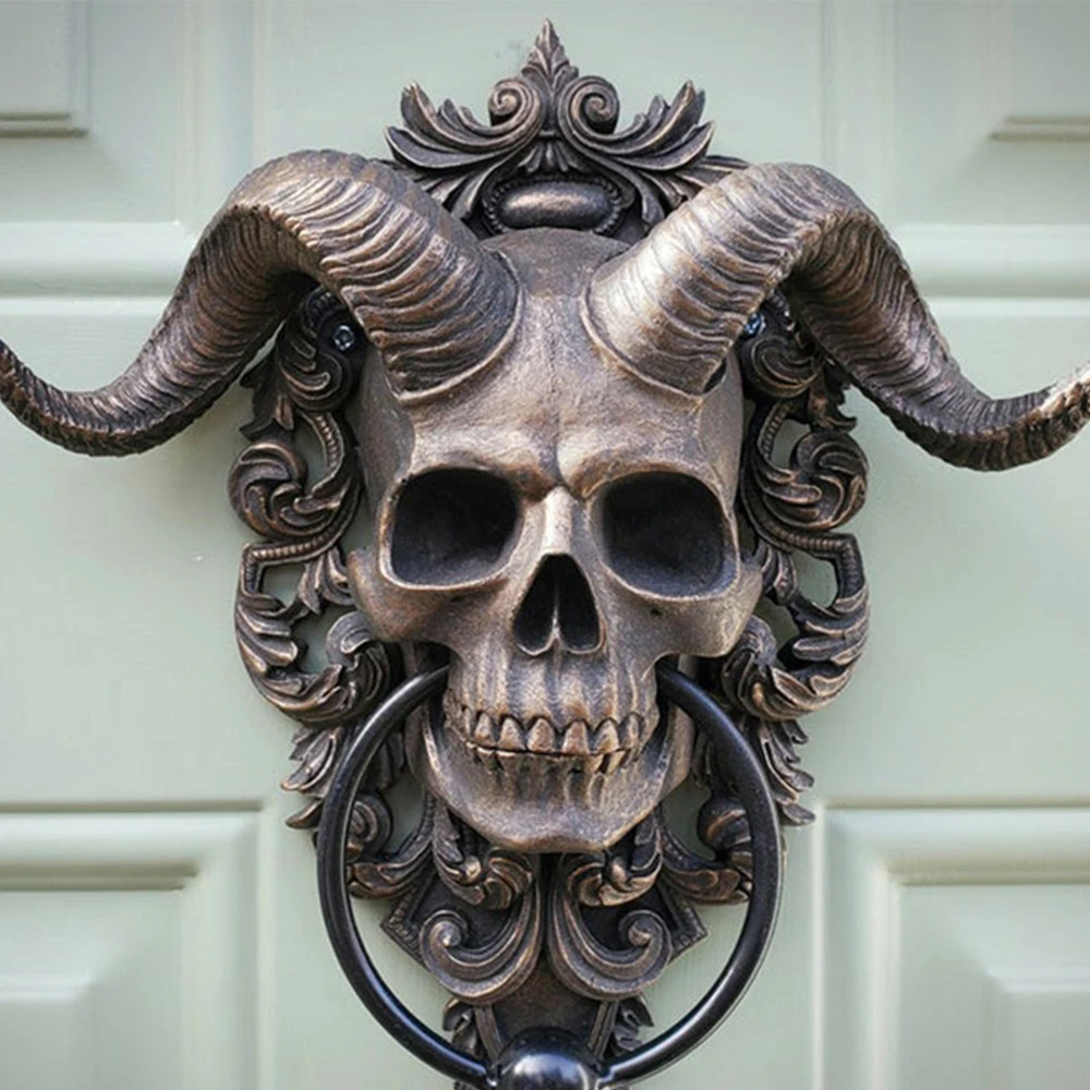 

Gothic Art Door Ring Hell Demon Horned Skull Hanging Door Knocker Heavy Duty Wall Trim Doorknocker Home Decoration Knockers