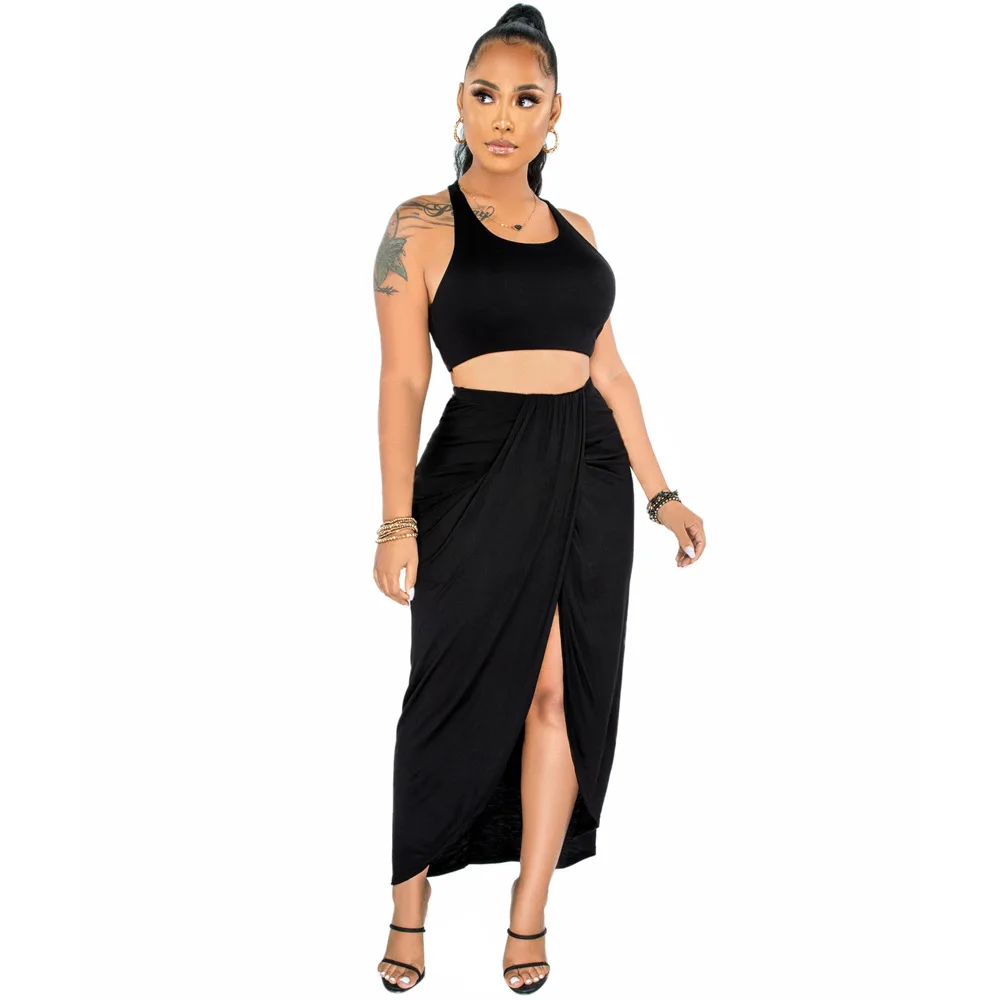 

Casual Women Tank Matching Set Two-piece Solid Color Vest Skirt Outfits Crop Top Lrregular Skirt Suit Fashion Black 2 Piece