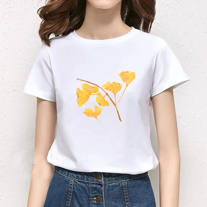 Женская футболка с принтом золотых листьев Повседневная круглым вырезом в
