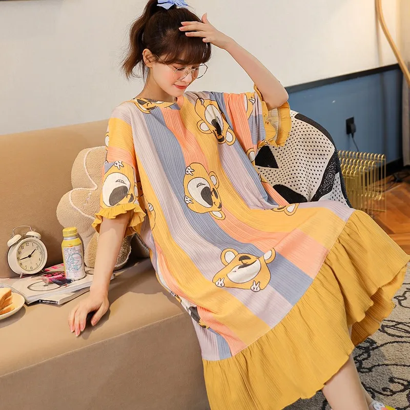 

Spring Women Long Cotton Sleepwear Cute Yellow Lace Short Sleeve Nightshirt Causal Loose Homewear Cartoon Nightgown Women Dress
