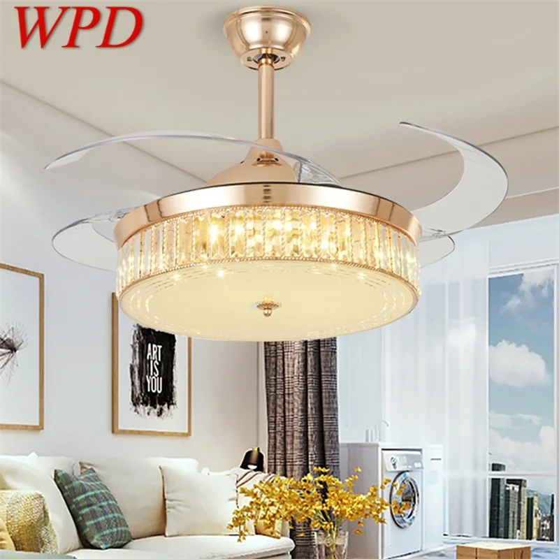 

WPD Ceiling Fan Light Invisible Gold Luxury Crystal LED Lamp With Remote Control Modern For Home