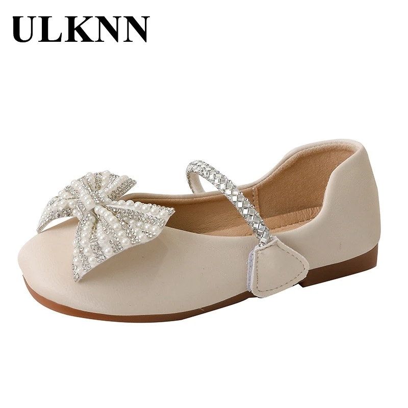 ULKNN Girls Sandals Children's Flat Light Mouth Princess Shoes Girl Knot Beading Flats 2021 Soft Bottom Pearl Bow Dance Shoes