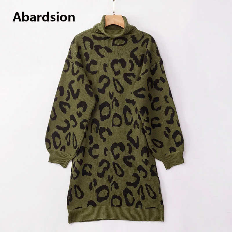Abardsion, Женский вязаный свитер, платье, повседневное, базовый, длинный рукав, водолазка, Леопардовый принт, негабаритные, Осень-зима, платья