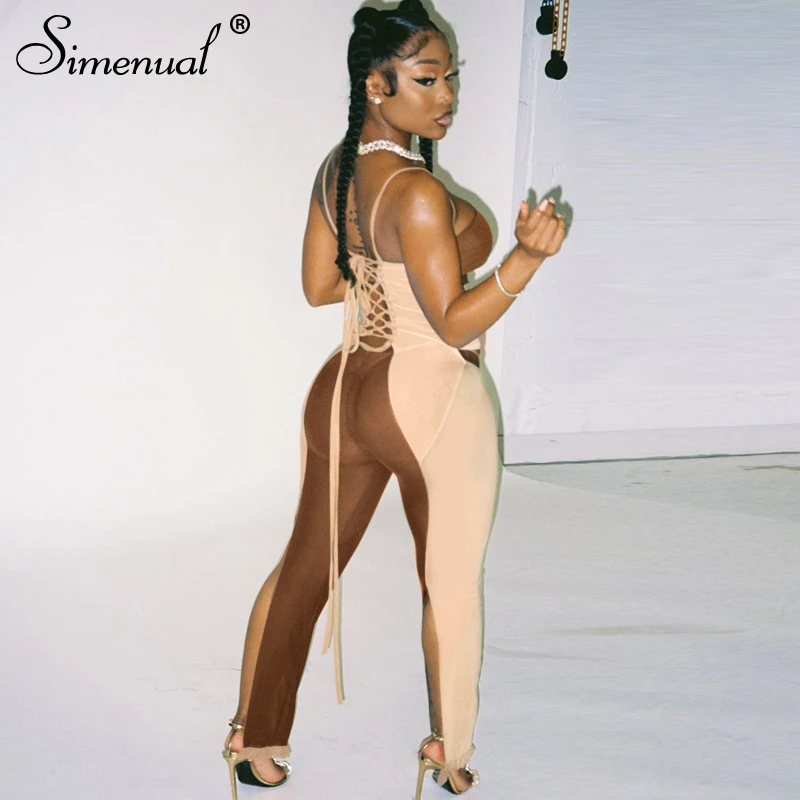 

Simenual Patchwork Backless Lace Up Strap Jumpsuits Women Hollow Out Sexy Hot Bodycon Partywear Fashion Club One Piece Jumpsuit