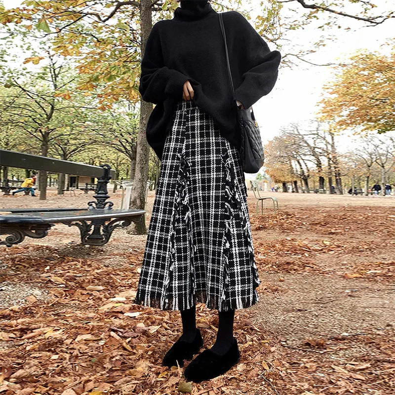 

Elegant Women Spring Autumn Skirt Female Empire Tassels Plaid Korean Vintage 2021 Fashion Casual Office Ladies Mid Skirts S39
