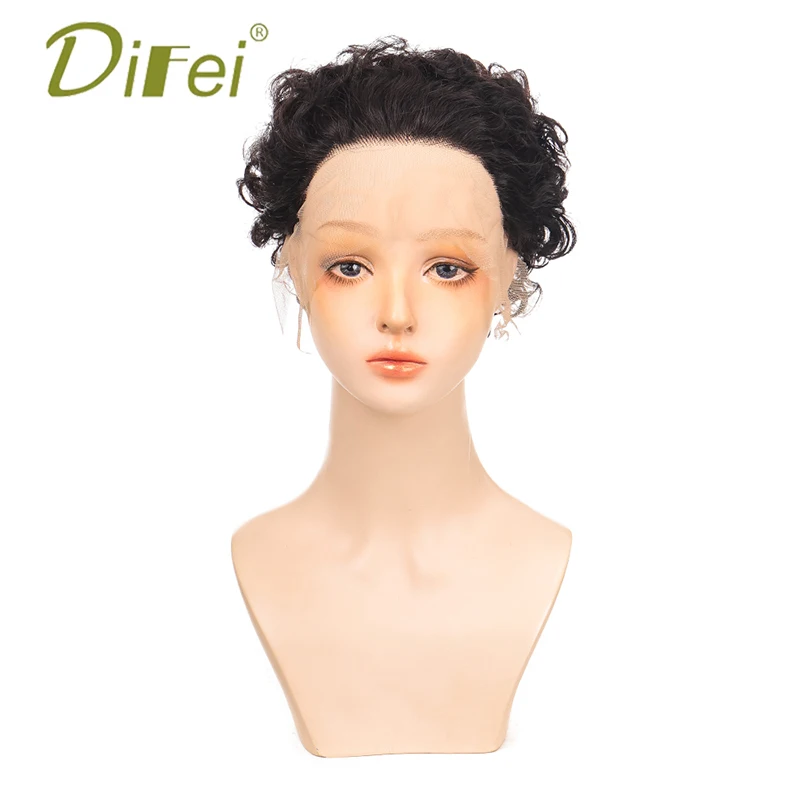 DIFEI Synthetic Short Curly Wig Female Front Lace Fake Curly Hair Natural Black Short Heat-resistant Wig