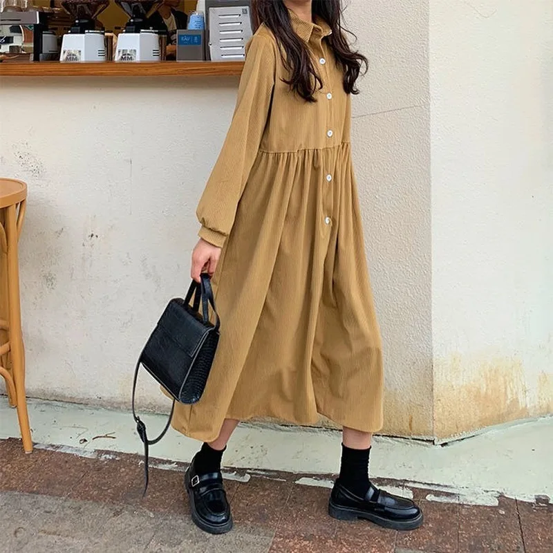 Платье женское вельветовое однобортное с длинным рукавом простой однотонный